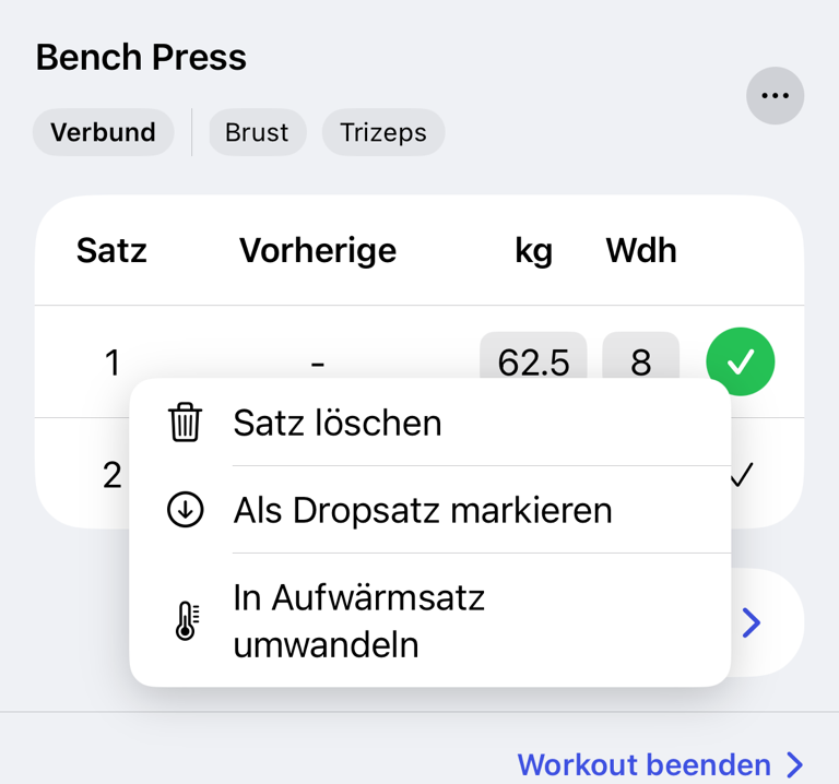 Kontextmenü für Sätze