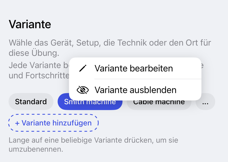 Variante länger gedrückt halten, um Bearbeiten- und Ausblenden-Aktionen zu öffnen