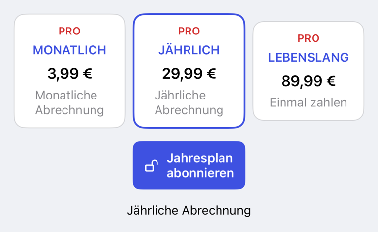 Tarifoptionen auf dem Pro-Bildschirm