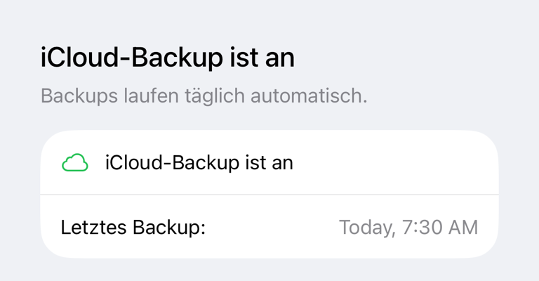 iCloud-Backup-Bildschirm mit Status und letztem Backup
