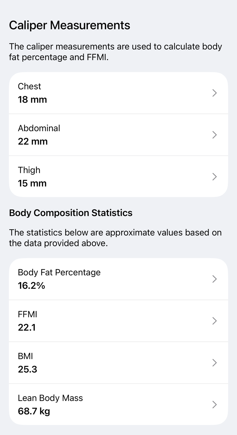 Caliper Measurements section