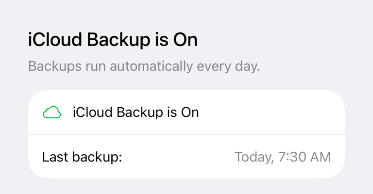 iCloud Backup screen with status and last backup