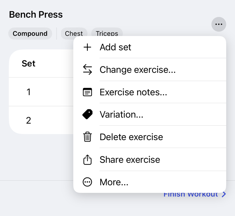Open the exercise menu, then tap Variation