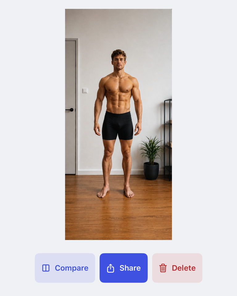 Progress photo detail with Compare, Share and Delete actions