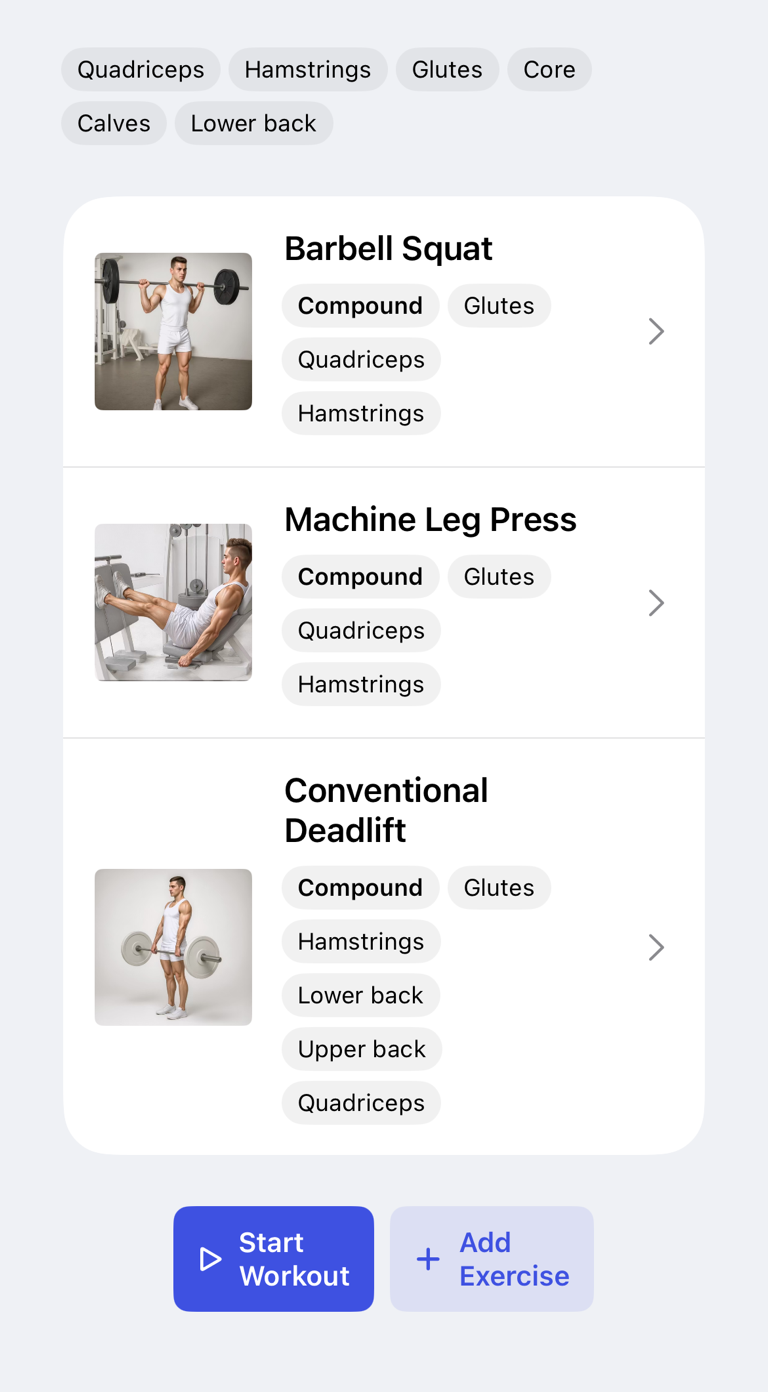 Workout plan with exercise rows