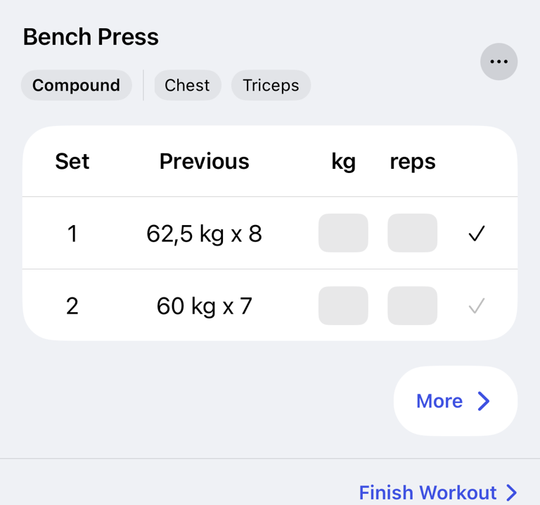 Set values and previous workout values