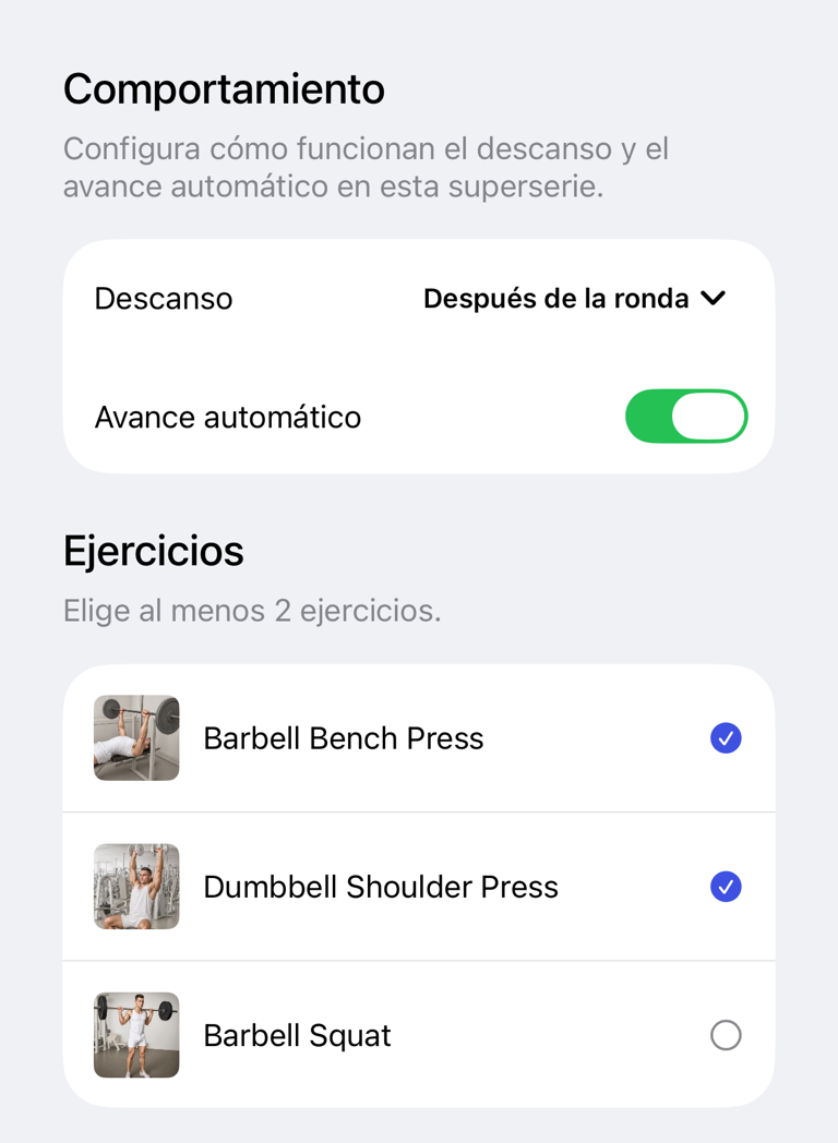 Hoja de superserie con comportamiento y ejercicios