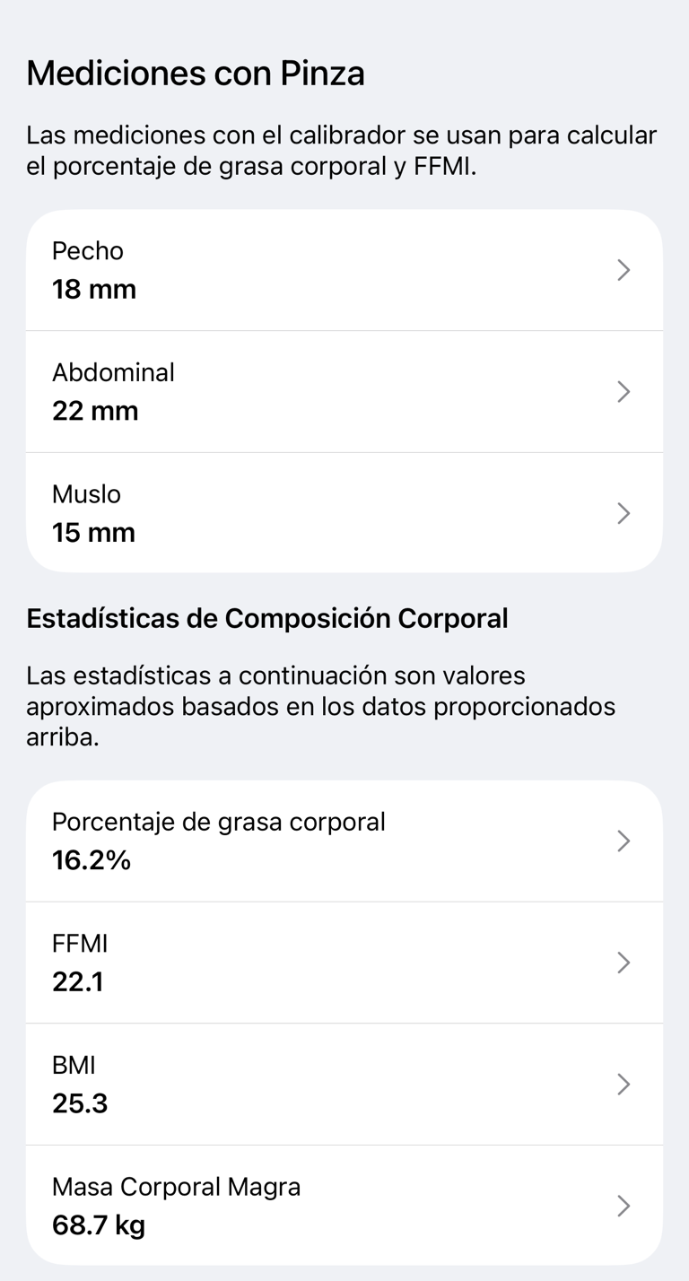 Sección Medidas con plicómetro