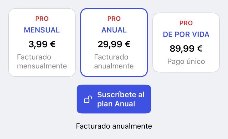 Opciones de planes en la pantalla Pro