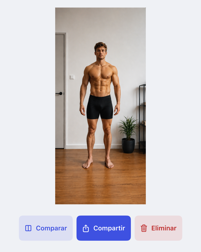 Detalle de foto de progreso con las opciones Comparar, Compartir y Eliminar