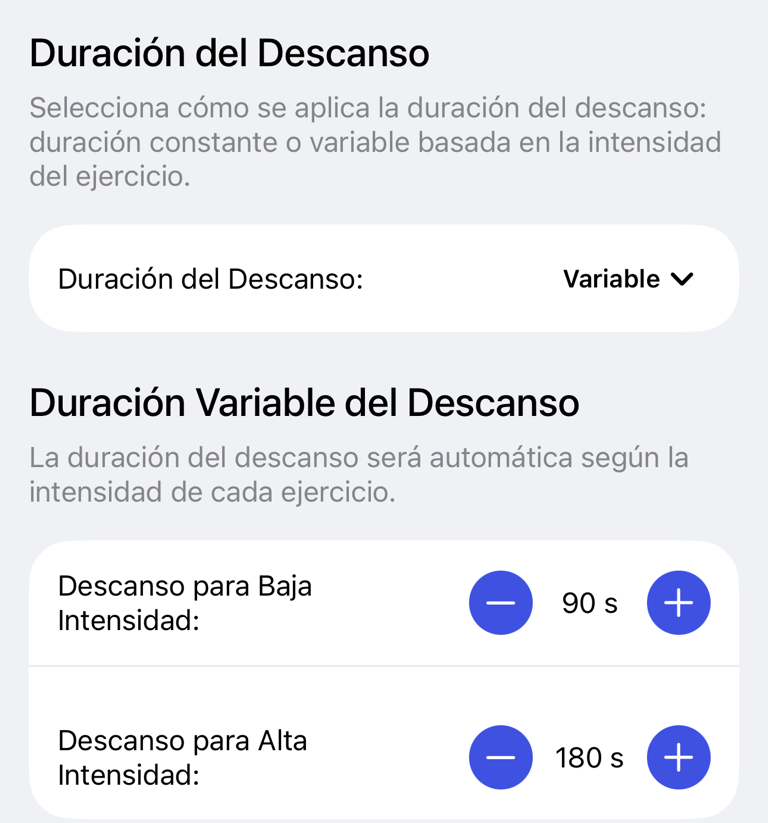 Ajustes del temporizador de descanso con configuración de duración
