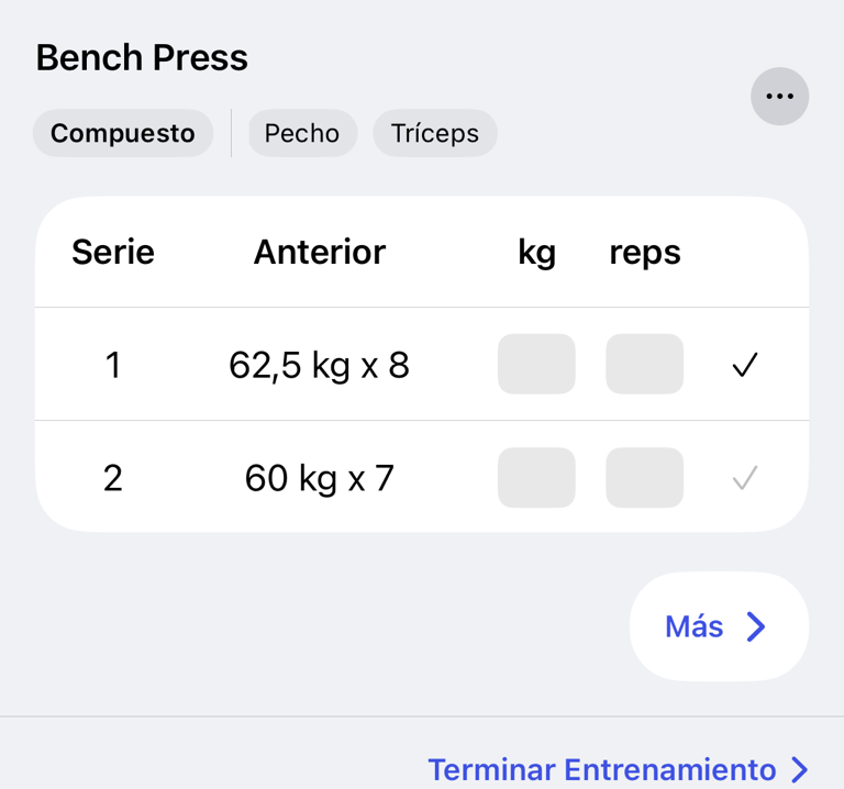 Valores de serie y valores del entrenamiento anterior
