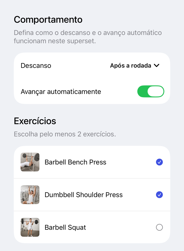 Tela de supersérie com comportamento e exercícios
