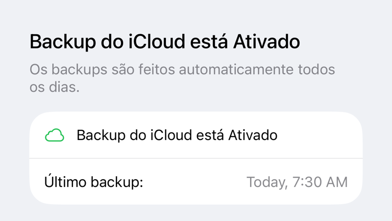 Tela do Backup do iCloud com status e último backup