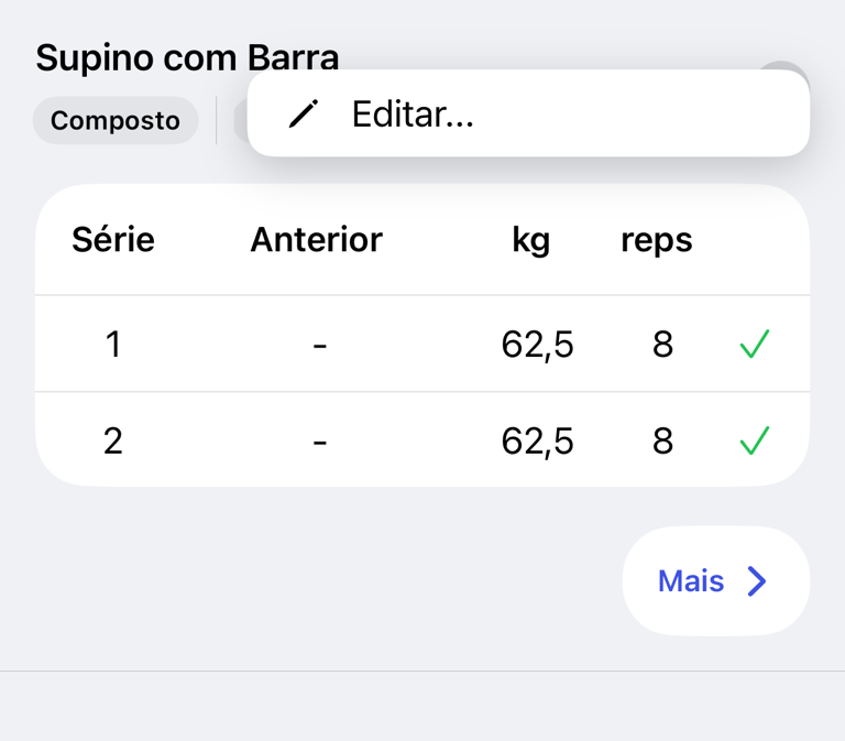 Exercício de treino concluído com a ação Editar