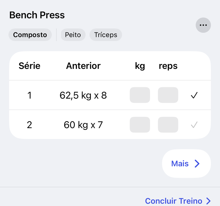 Valores da série e valores do treino anterior